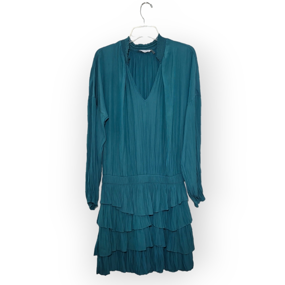 RAMY BROOK Long Sleeve V-neck Tiered Ruffle Skirt Mini Dress Green L